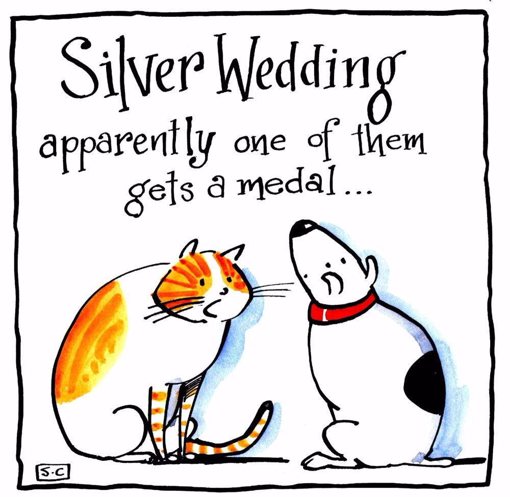 Anniversary Silver Wedding Card with cartoon cat & dog and caption: Silver 