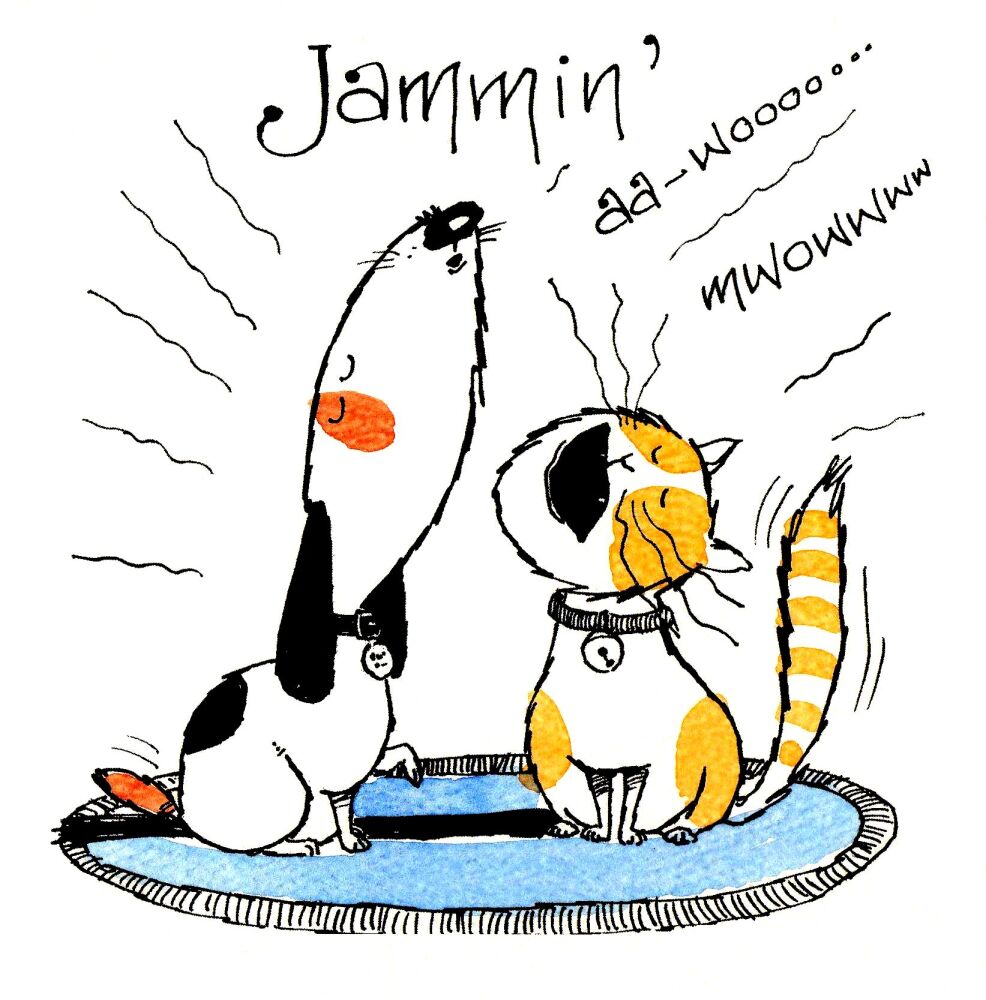 Music themed card with cat & dog.  Caption:Jamming