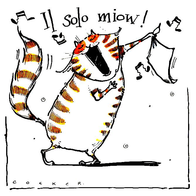 Opera singing cartoon cat with caption: Solo Miow