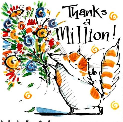 Thank You Card - Thanks A Million - Cat & Flowers