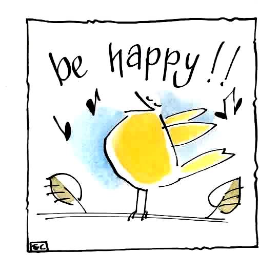 Greeting card with cartoon bird singing Be Happy