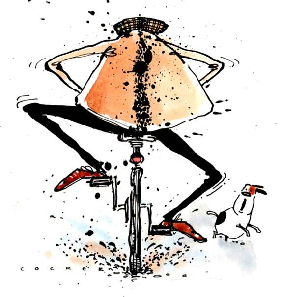 Greeting card Cartoon cyclist with flat cap and with mud on his back