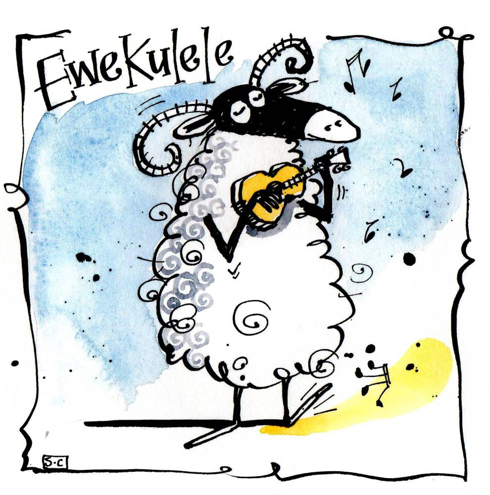 Cartoon sheep card with caption: Ewekulele