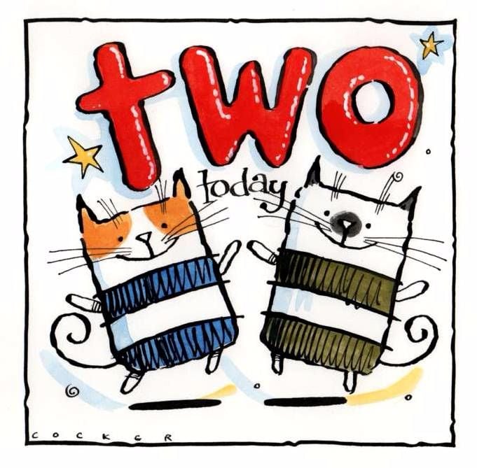 2ND Birthday card with two cute cartoon cats & caption: TWO