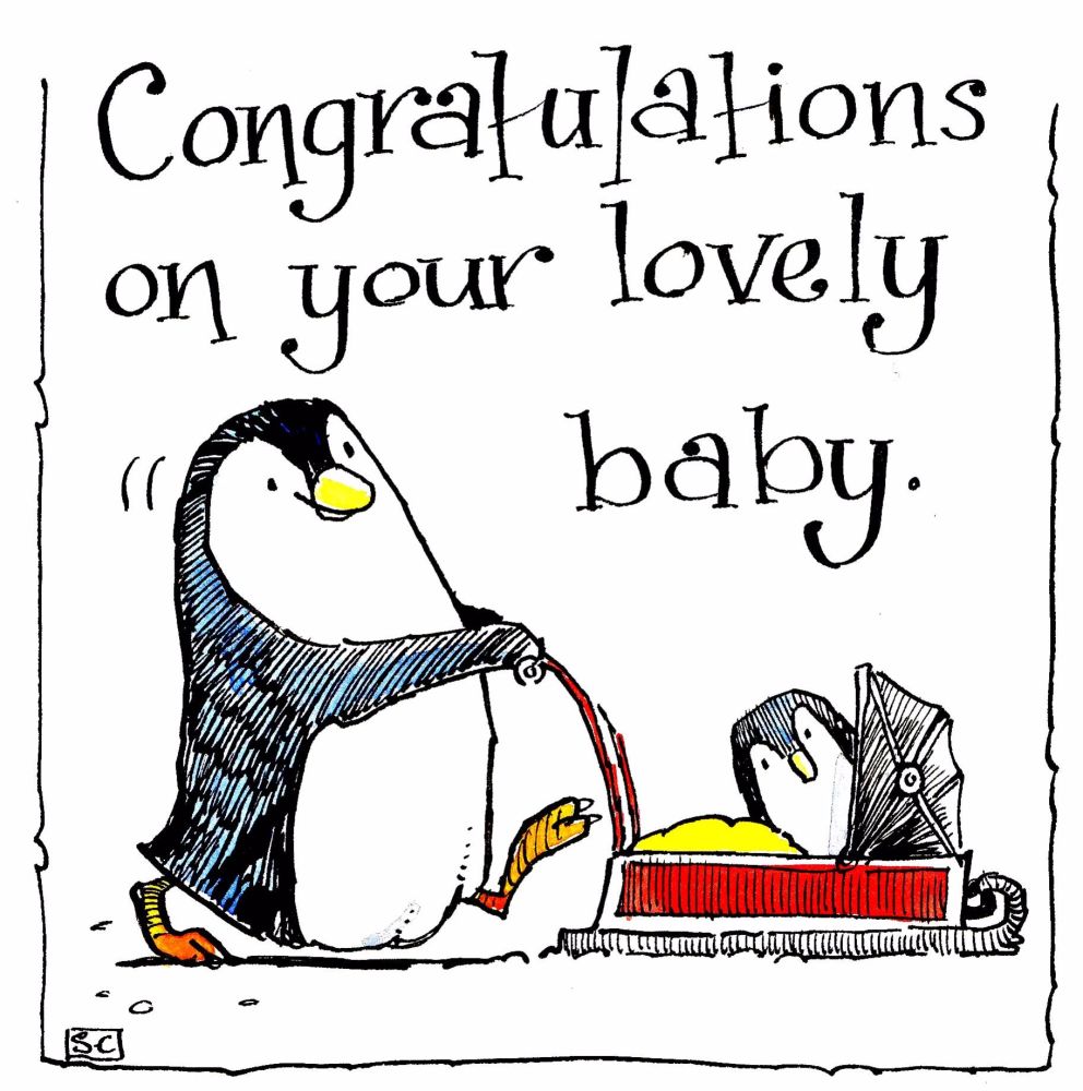 Amusing Penguin & Penguin Baby New Baby Card with the caption Congratulatio