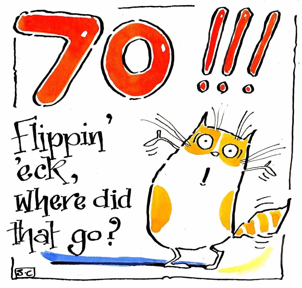 Funny 70th Birthday card with cartoon cat with caption: 70 Flippin' Eck whe