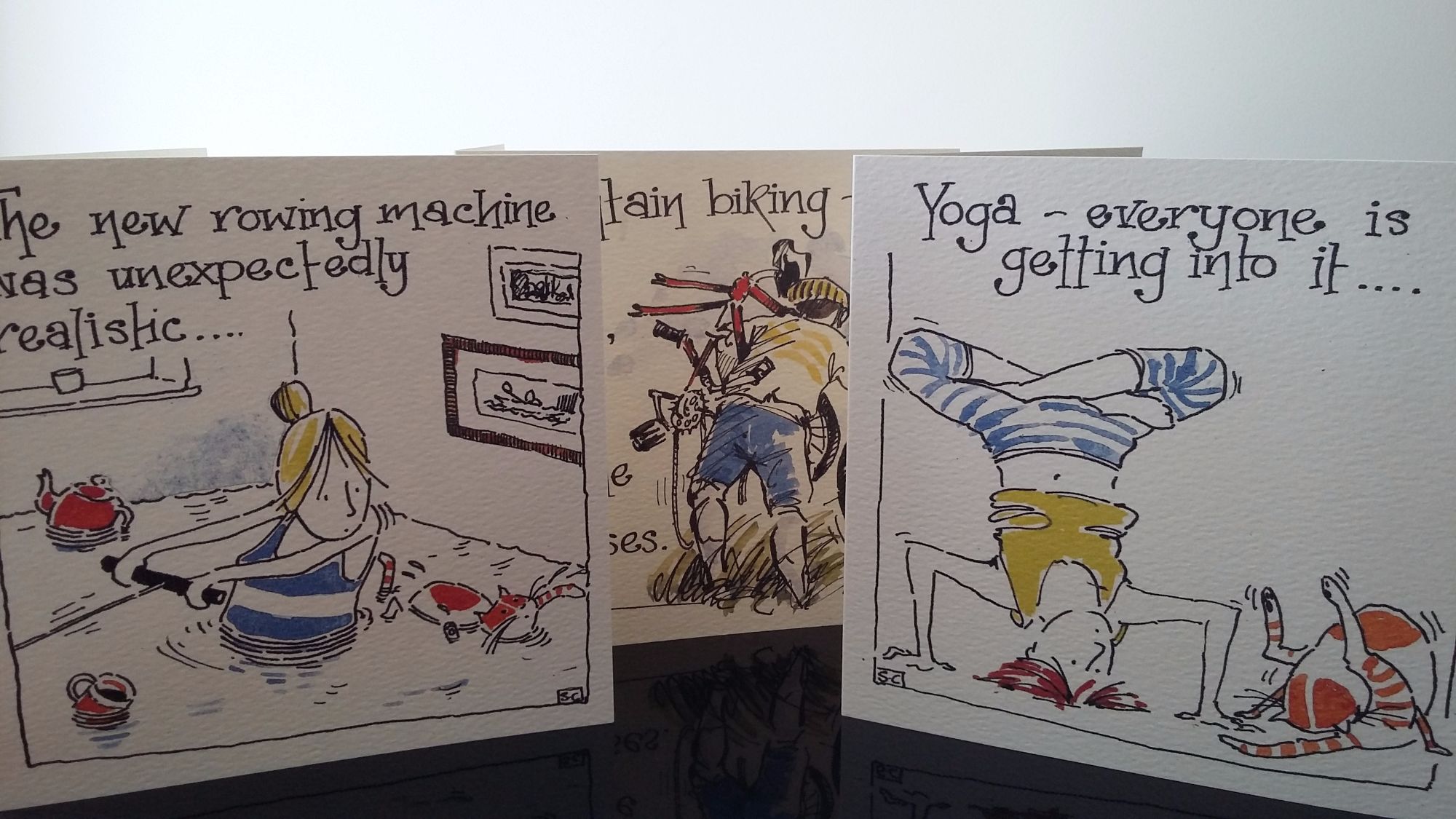 three funny exercise related greeting cards