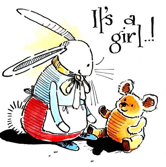 New Baby It's A Girl Card - Toy Rabbit & Teddy Bear drawing with caption: I