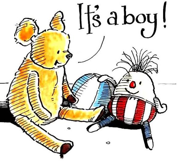 New Baby It's A Boy card with teddy and ball illustration and caption: It's