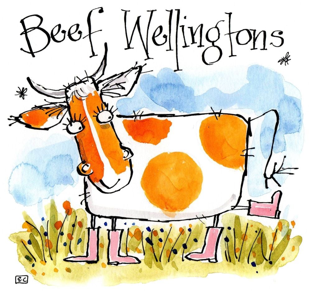 Greeting card with cartoon cow with caption Beef Wellingtons