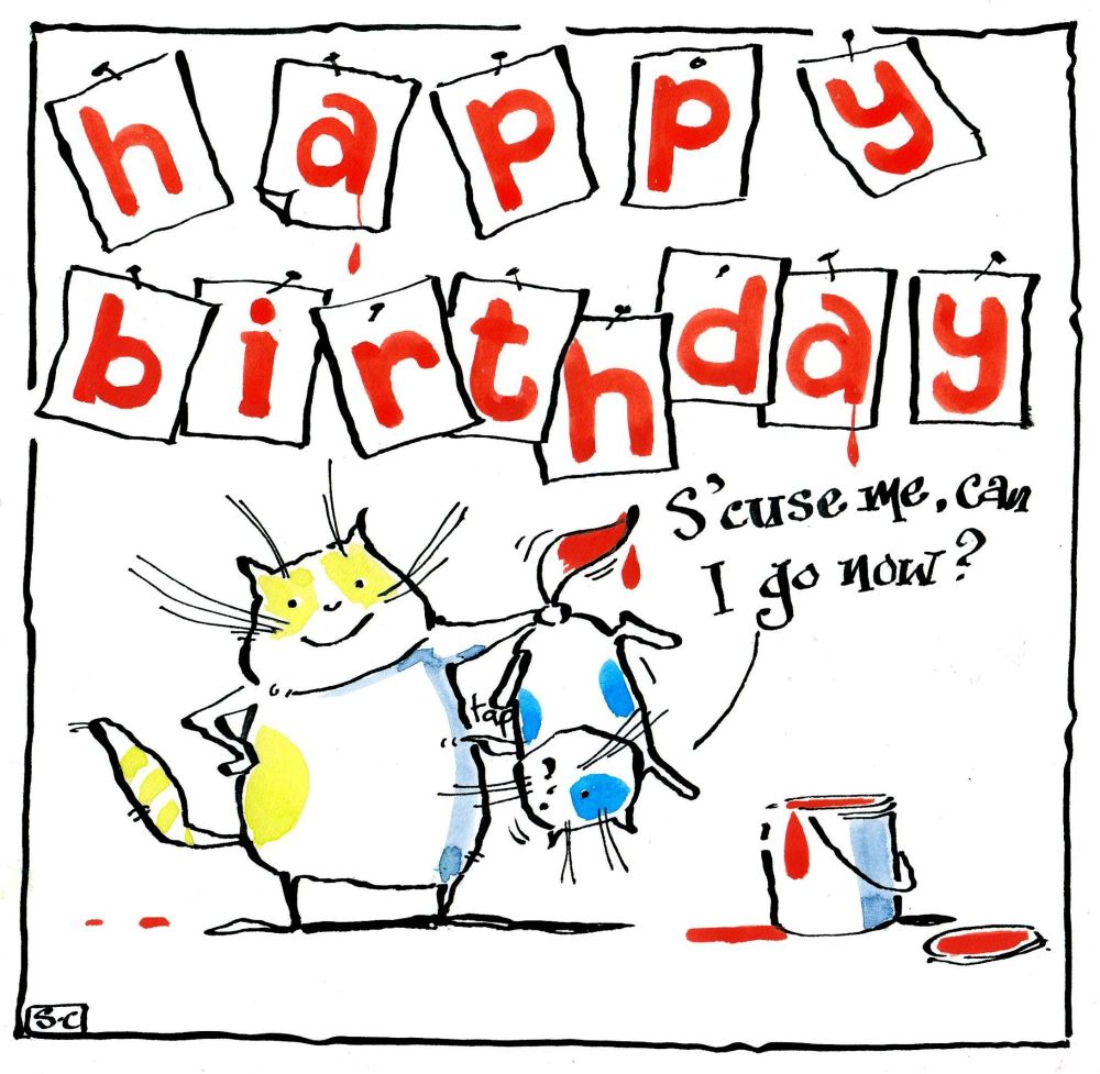 Birthday Card with 2 cartoon cats with caption  Happy Birthday S'cuse Me