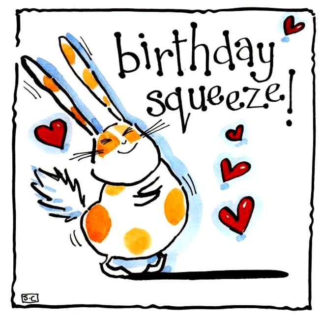 Spotted ginger and cream rabbit with love hearts card. Text says Birthday S