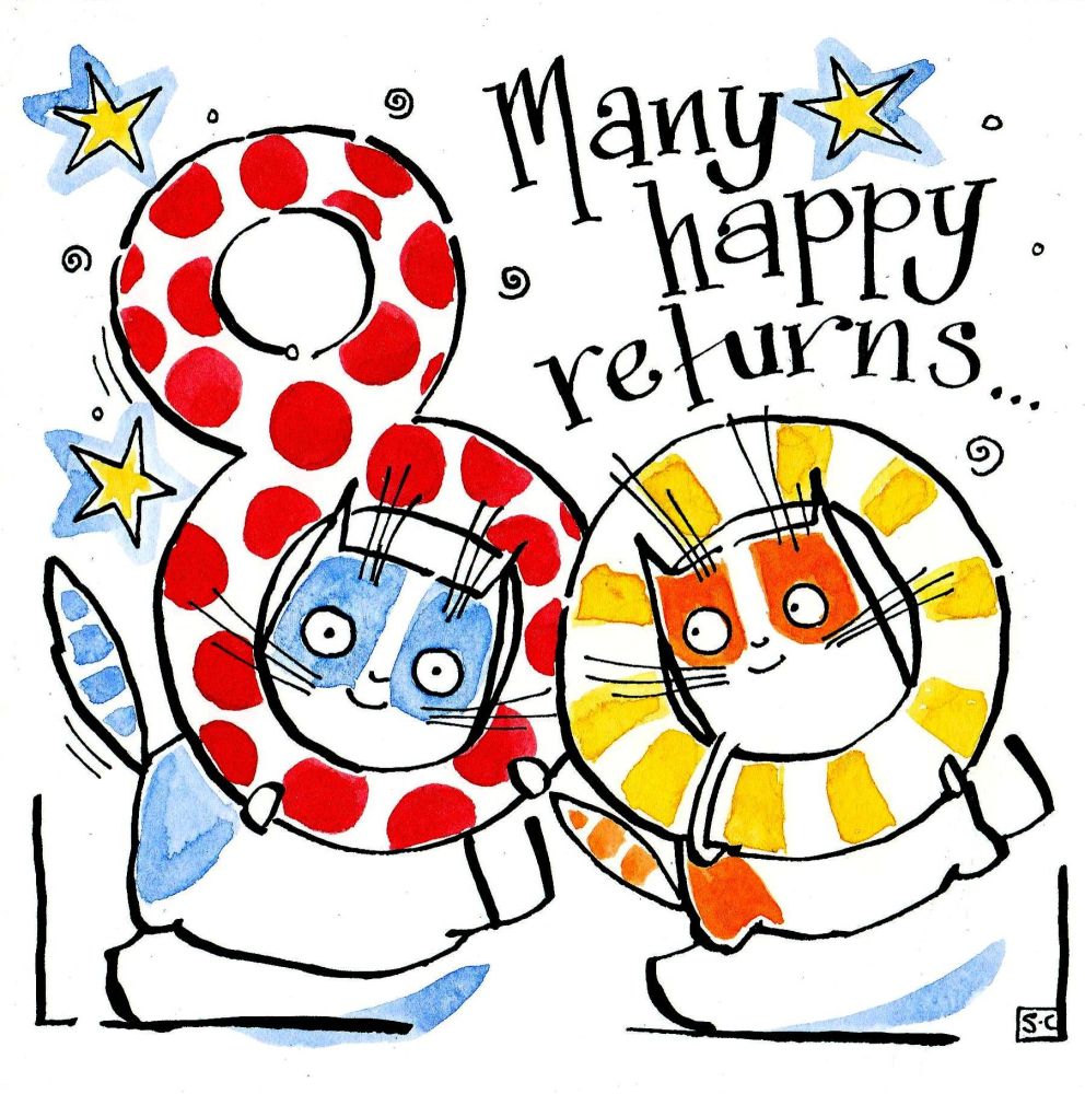 80th Birthday Card 2 cartoon cats with caption 80 Many Happy Returns