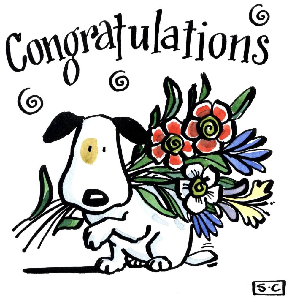 Dog Congratulations Card. Cartoon dog with flowers with captions Congratula