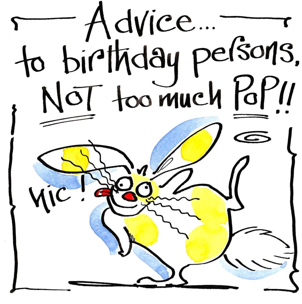 Birthday card with cartoon rabbit with caption Advice To Birthday Persons, 
