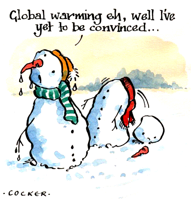 Christmas card with two cartoon snowmen and the caption: Global Warming I'v