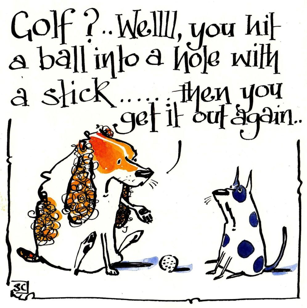 Greeting card for any occasions with cartoon dog and cat with caption Golf 