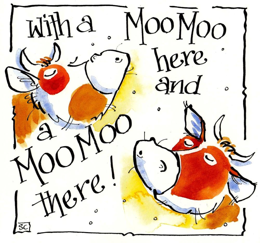 Greeting card with cartoon cows with caption With A  Moo Moo Here