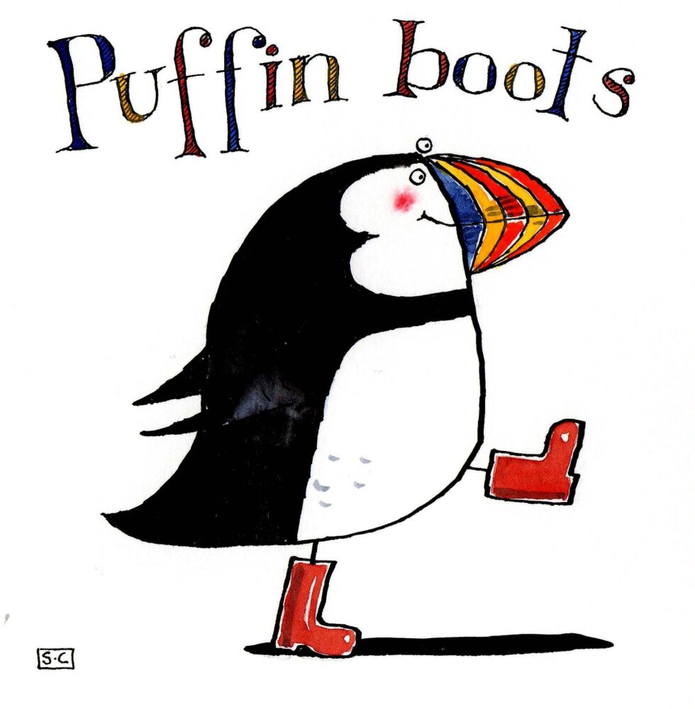 Puffin Boots Card - cartoon puffin wearing red boots