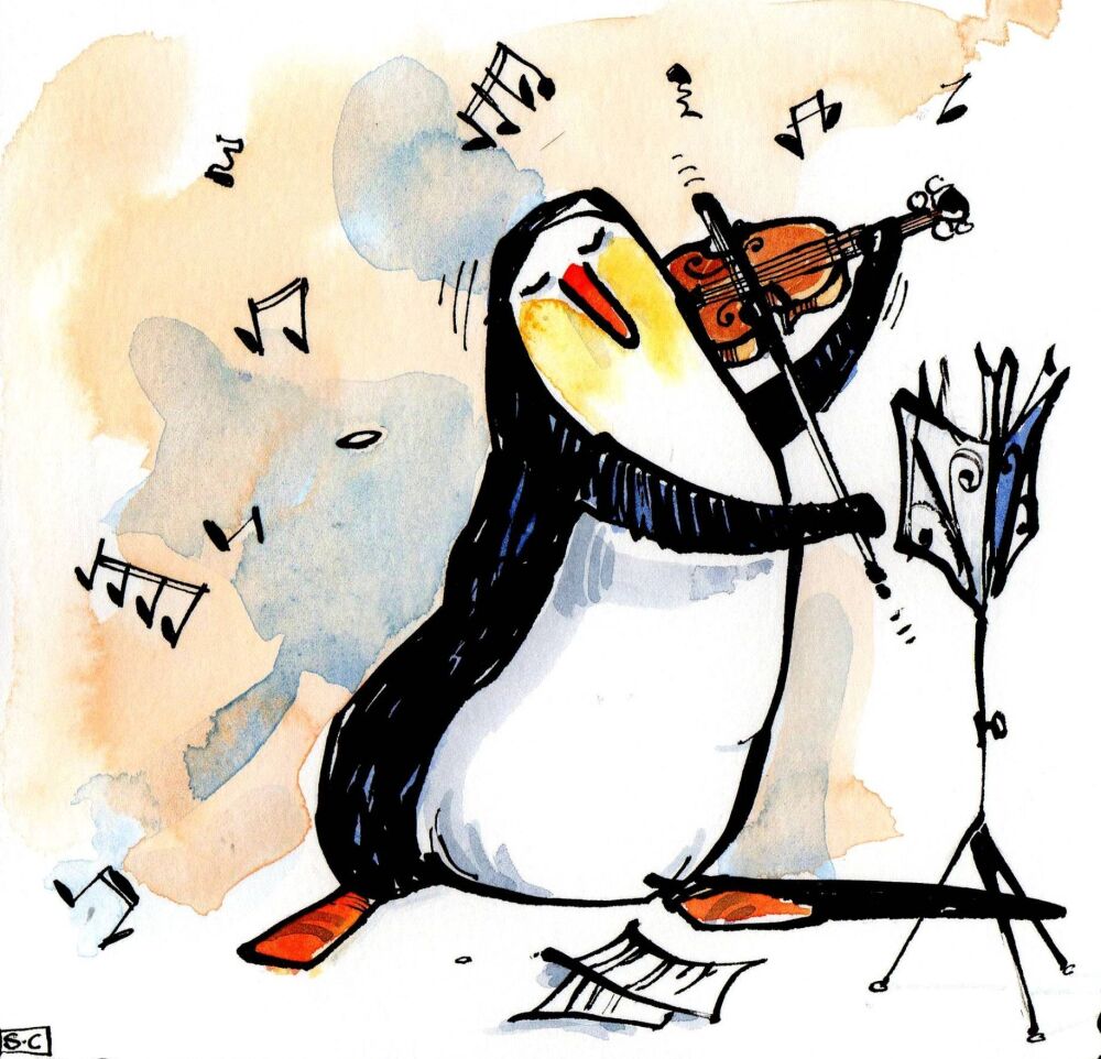 Cartoon penguin plays violin - no caption