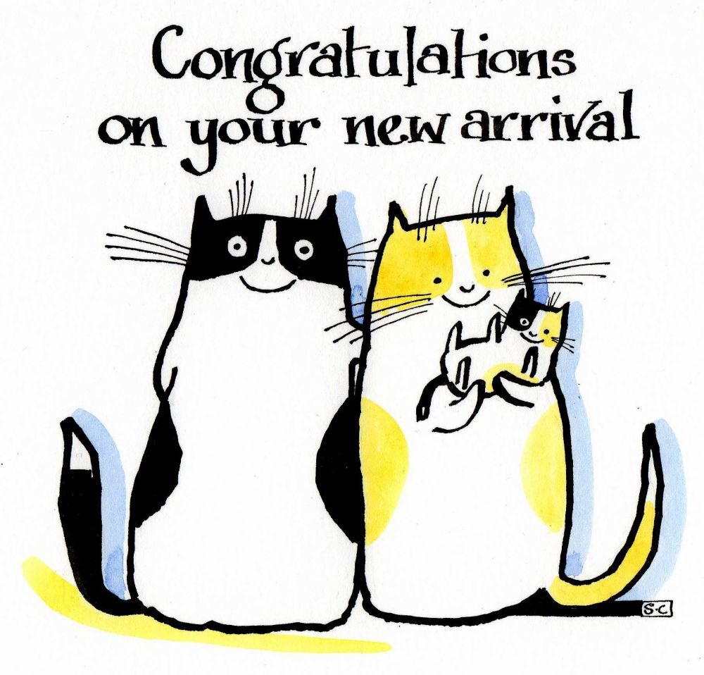 A New Baby card with 2 cats with a kitten.  Caption: Congratulations On You