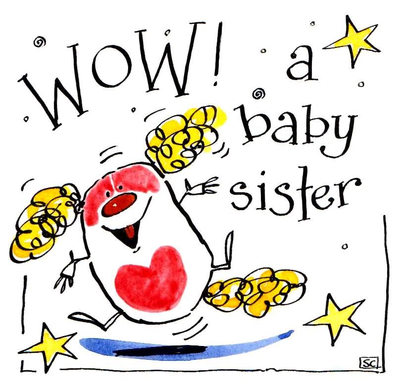 New Baby Card for a new baby sister. Cartoon dog with caption: Wow A Baby S