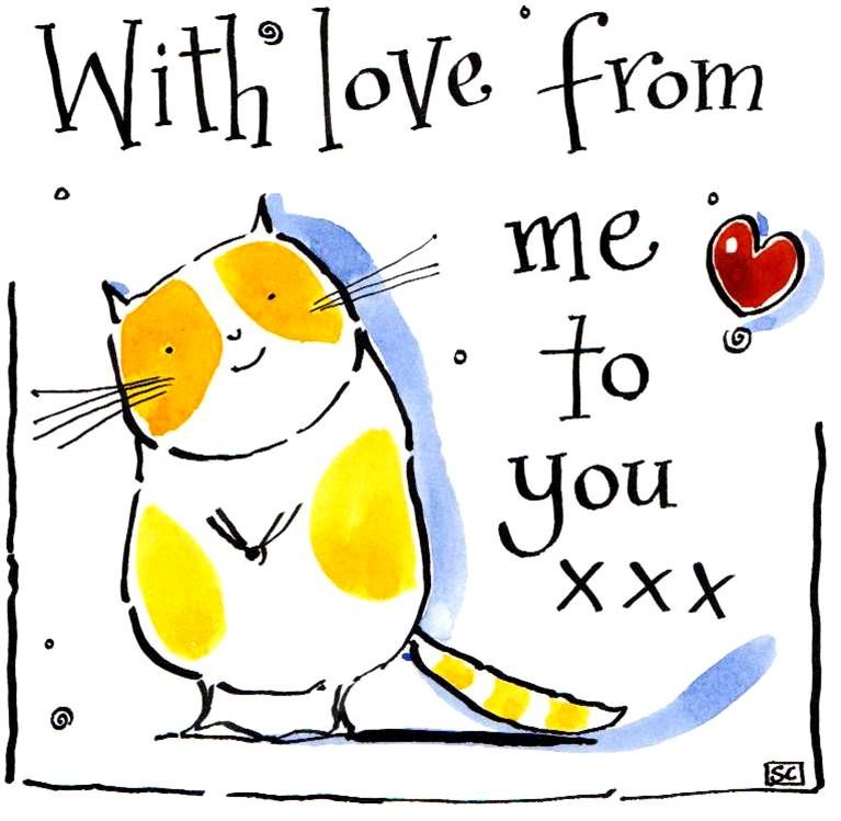 Greeting card with cartoon cat & heart caption: With Love From Me To You