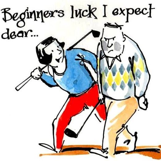 Golfer's birthday card with catroon of man & wife with caption:Beginner's L