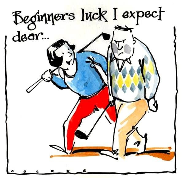 Golfer's birthday card with catroon of man & wife with caption:Beginner's L