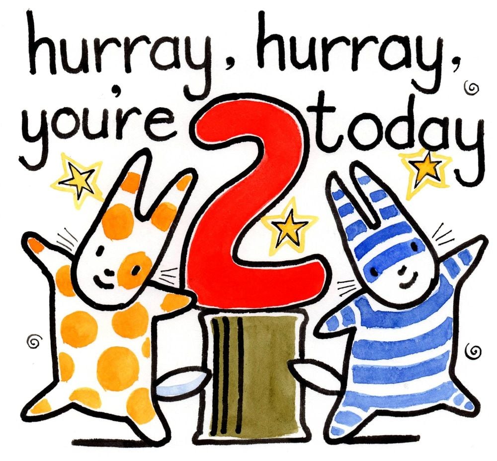 2ND Birthday card with two rabbits & caption:  Hurray, hurrat You're 2 toda