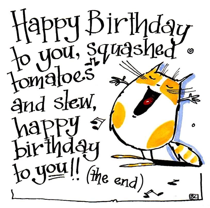 Birthday card with cartoon cat singing Happy Birthday To You, Squashed Toma
