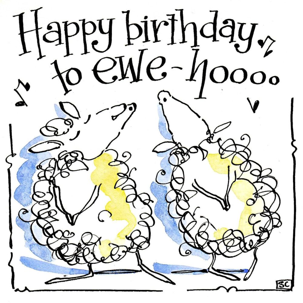 Happy Birthday Sheep card showing two sheep singing Happy Birthday to Ewe H