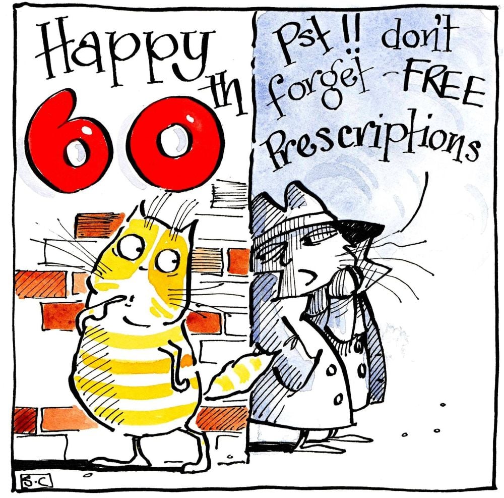 60th Birthday with cartoon cat and stereo-typical detective and caption: 60