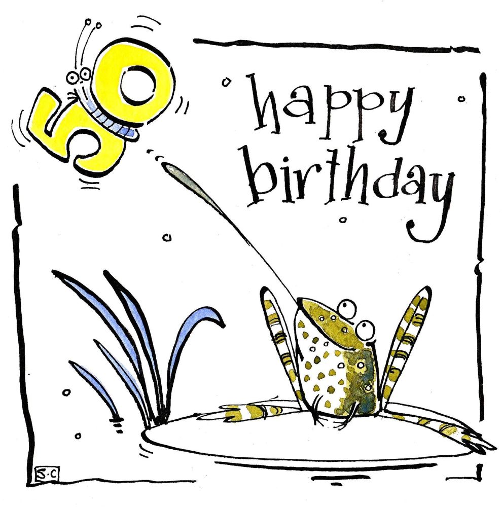 50th Birthday Card with cartoon frog with the caption: 50 Happy Birthday