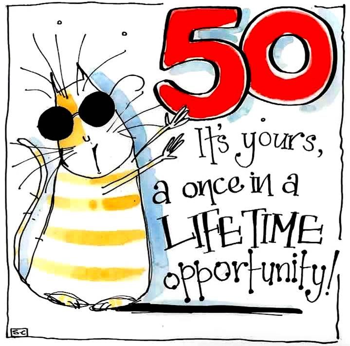 50th Birthday card with cartoon cat in sun glasses and caption: 50 It's You