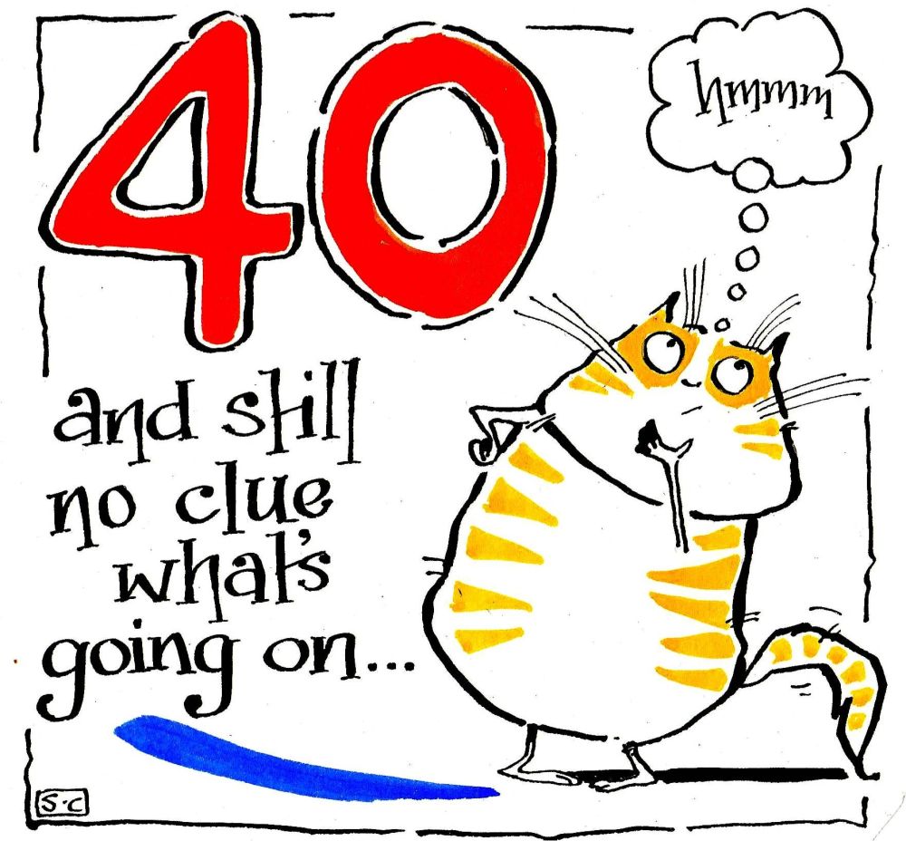 40th Birthday Card with cartoon cat and caption:40 and still no clue what's