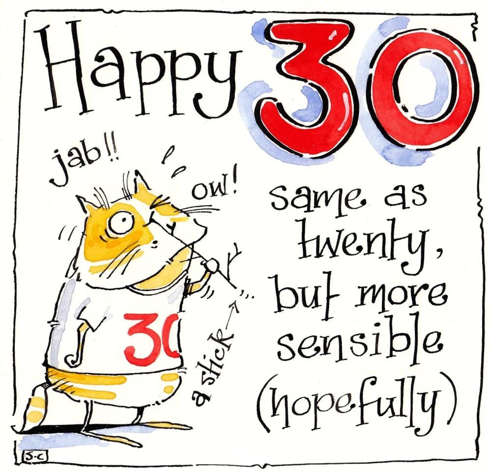 30th Birthday card with cartoon cat & caption:30 Same As 20 but more sensib
