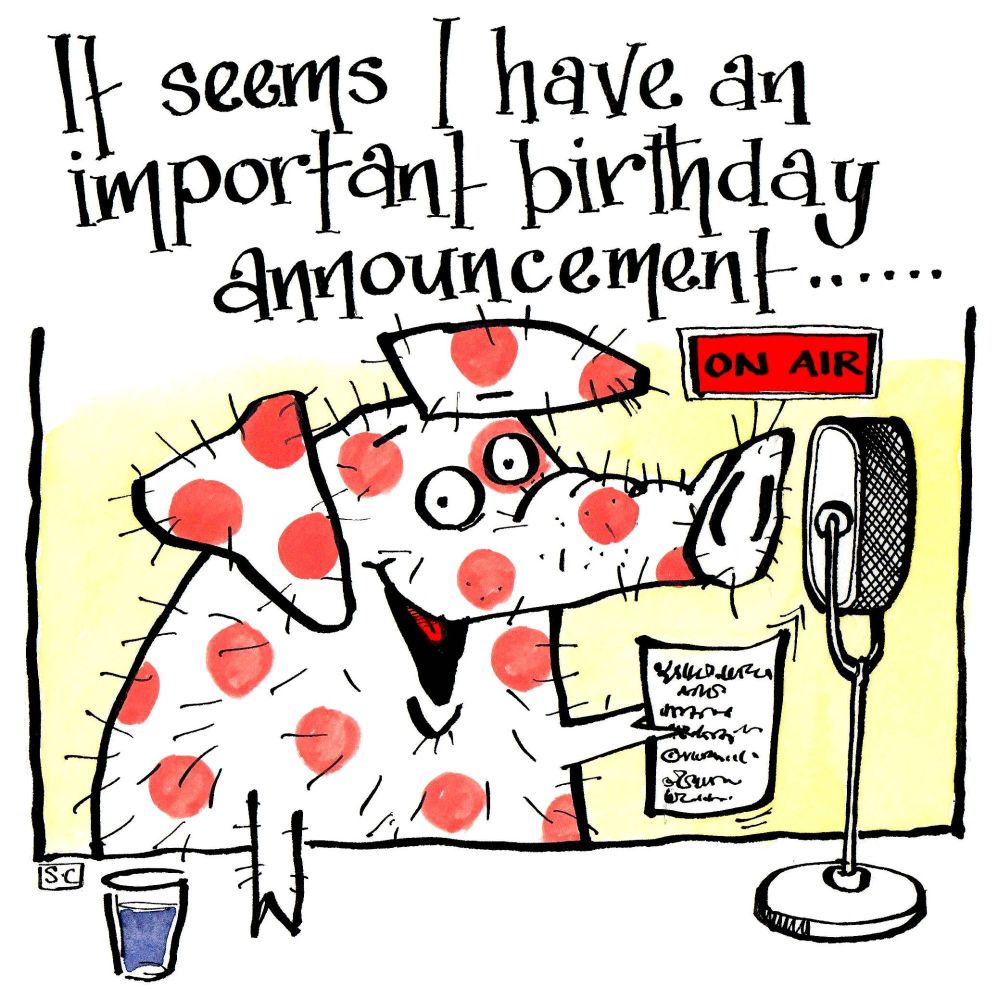 Birthday Card with cartoon pig with radio mic with caption An Important Bir