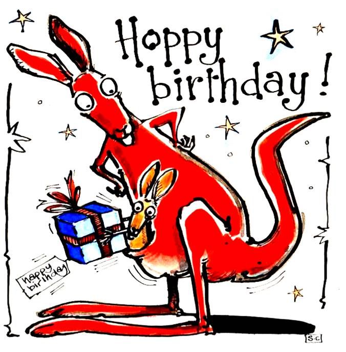 Birthday card with cartoon kangaroo and baby roo with caption Hoppy Birthda
