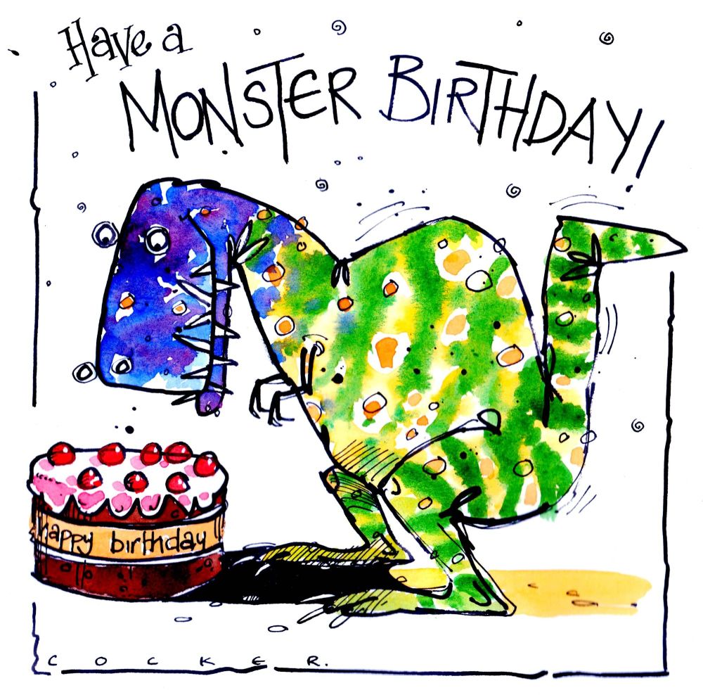 Birthday Card with cartoon monster with Birthday cake with caption Have A M