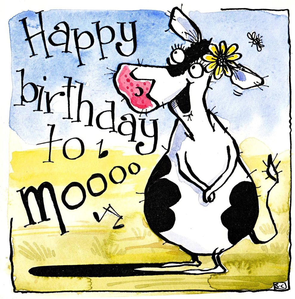 Birthday card with cartoon cow singing Happy Birthday To Moo