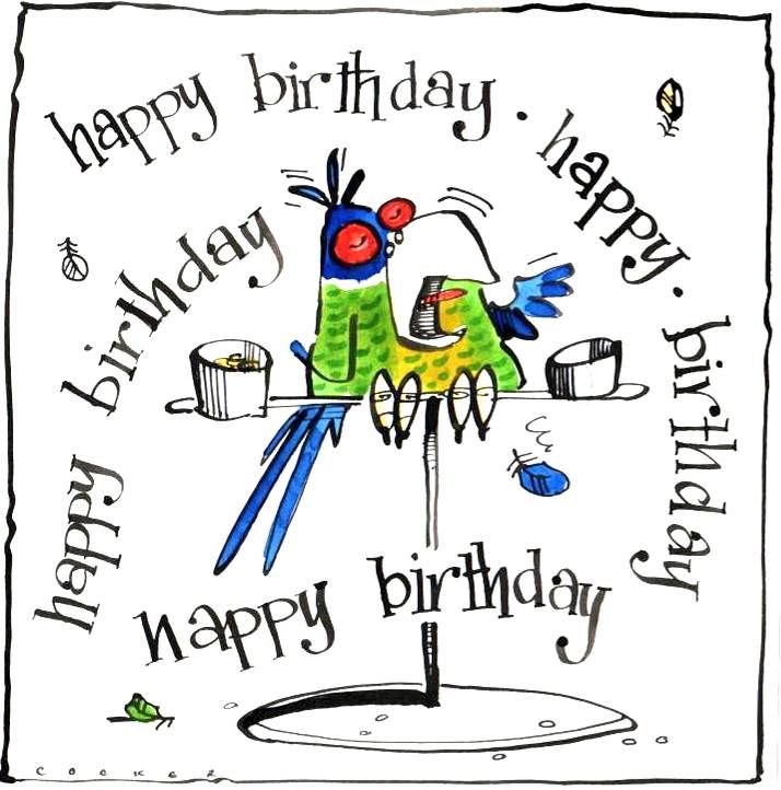 Birthday card with cartoon Parrot with caption Happy Birthday