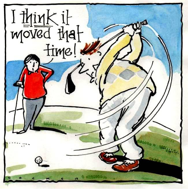 Cartoon golf card with novice golfer missing the ballI Think It Moved