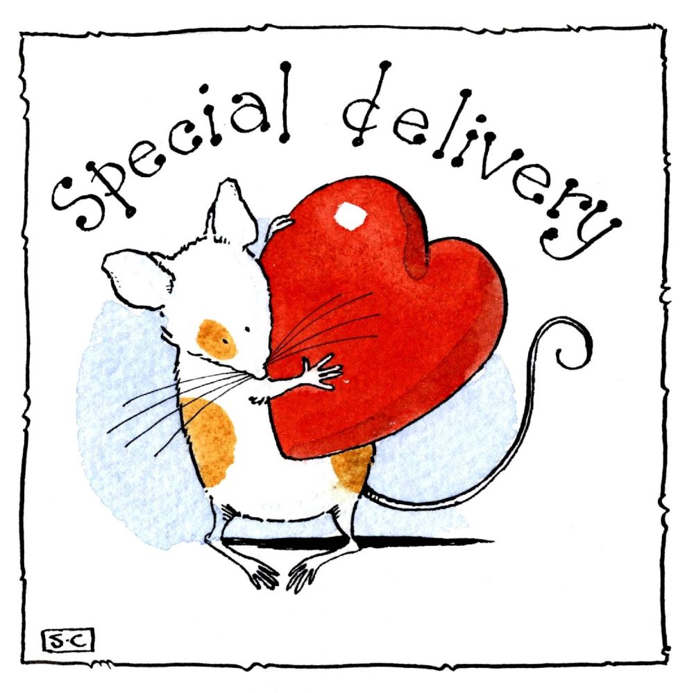Romantic card with cartoon mouse carrying a heart caption: A Special Delive