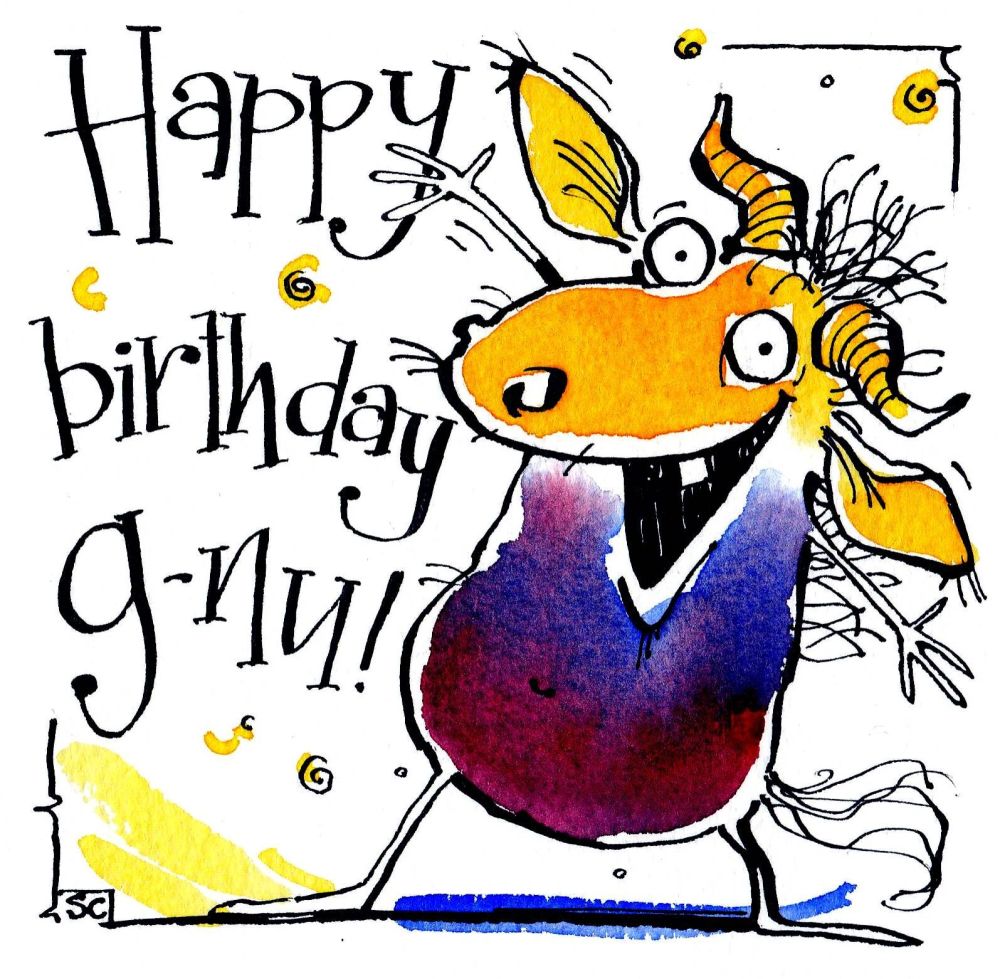 Birthday Card with cartoon Gnu.  Caption says Happy Birthday Gnu