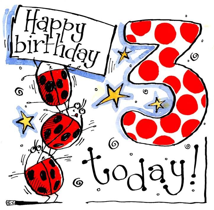  3RD Birthday Card with 3 ladybirds . Caption Happy Birthday 3 Today