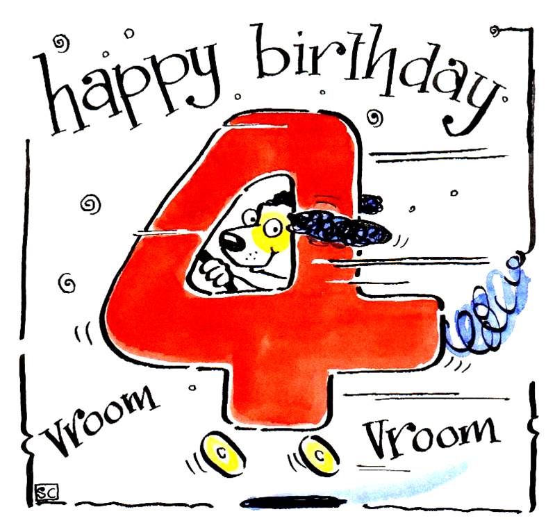 4th Birthday card. Cartoon dog driving no. 4 shaped car. Caption Happy Birt