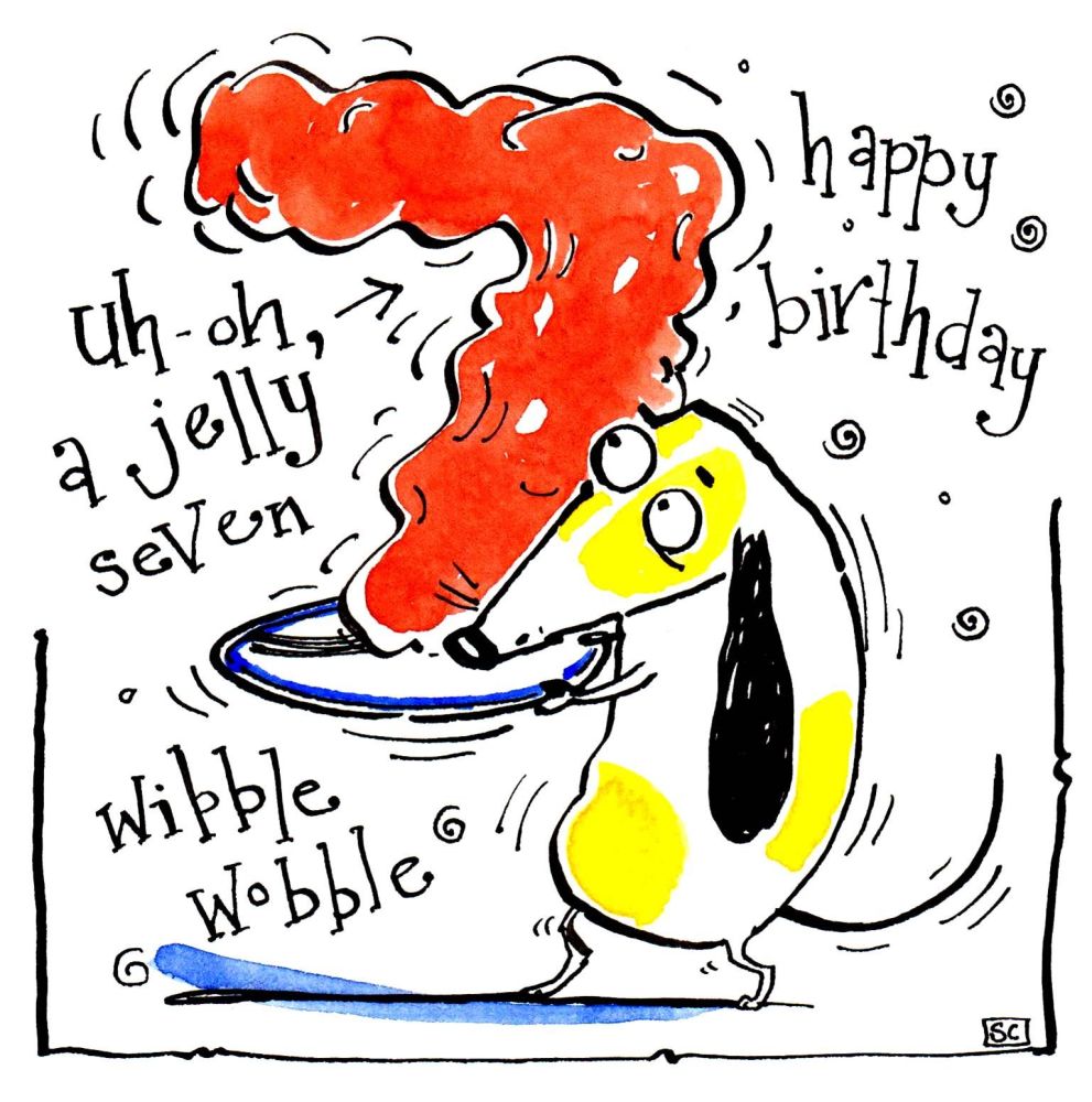 7th Birthday card. Cartoon dog with jelly no. 7. Caption Happy Birthday