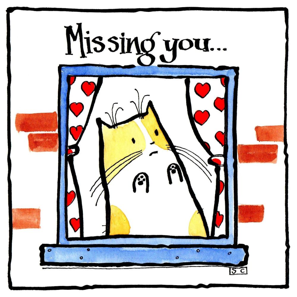 Missing You greeting card with cartoon cat at the window. Caption Missing Y