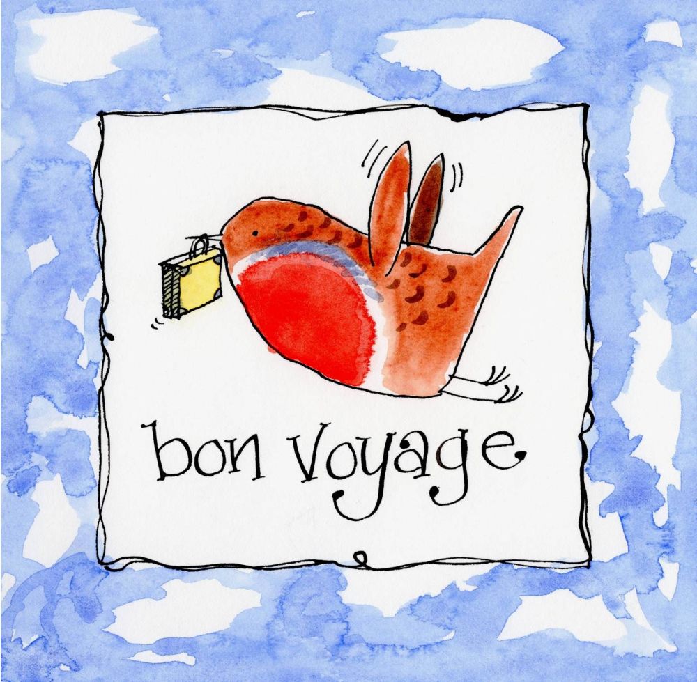 Bon voyage card with robin carrying suitcase with caption bon voyage   